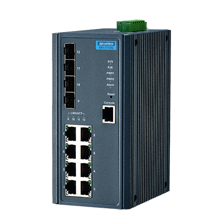 EKI-7712G-4FP-AE - Managed Industrie PoE Switch mit 8 x PoE & 4 x Cu/SFP-Combo Gb LAN Ports